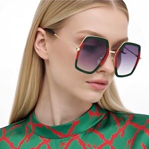 Designer Women Sunglasses Green Red Stripe Gold Frame Black Gradient UV400 2026